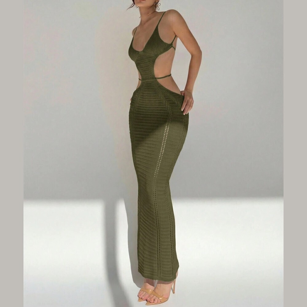 Olive Green Sheer Knit Cutout Spaghetti Strap Slim Fit Maxi Dress